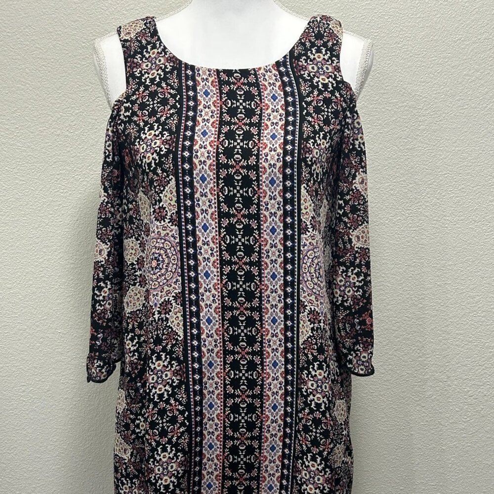 Lily Rose black floral mini dress, cold shoulder, lined, scalloped hem, XS